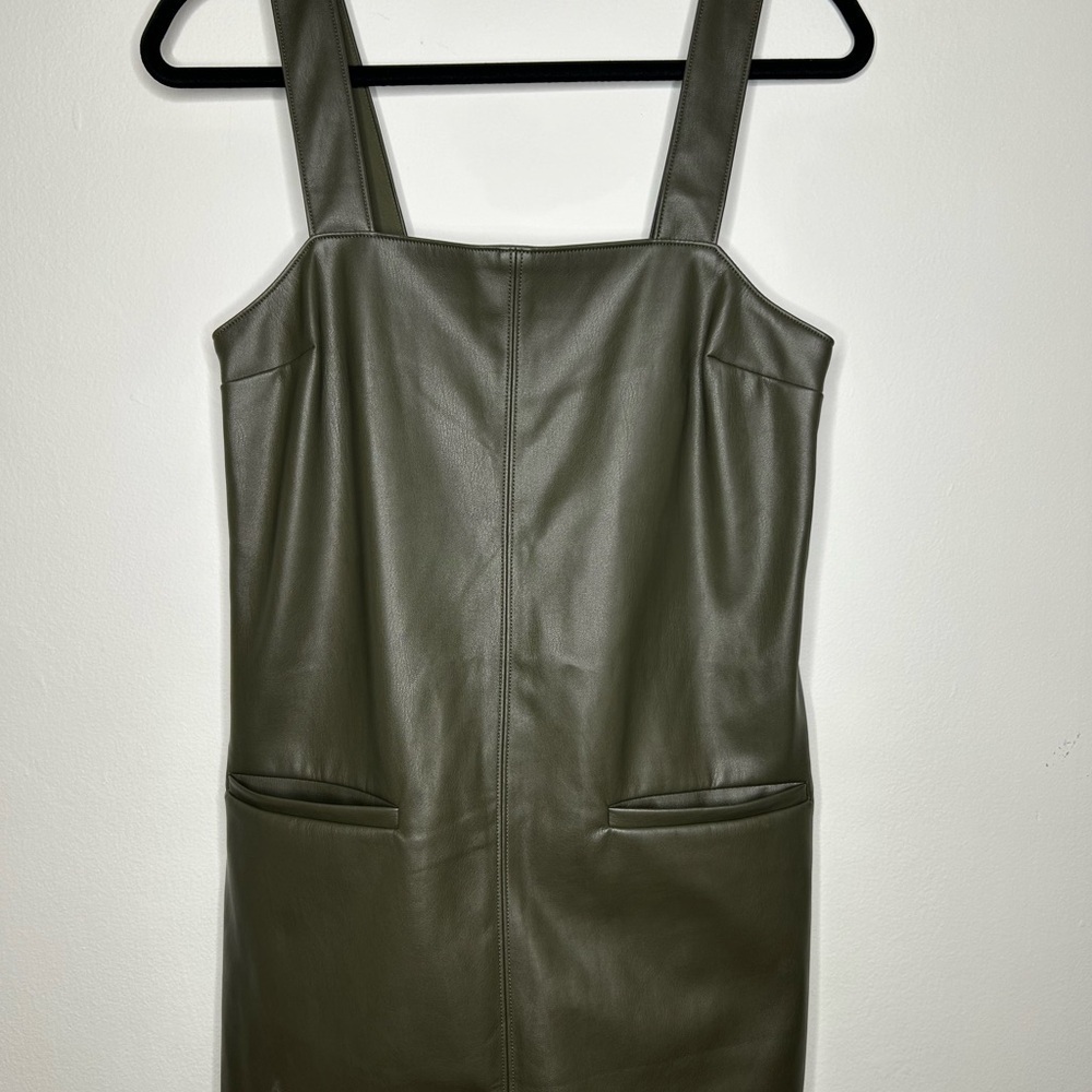 Abercrombie & Fitch Green Faux Leather Front Pocket Mini Shift Dress Layering - Picture 4 of 8